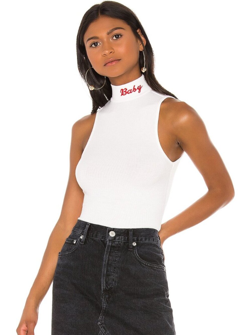 Superdown Frances Baby Embroidered Turtleneck Tank Top